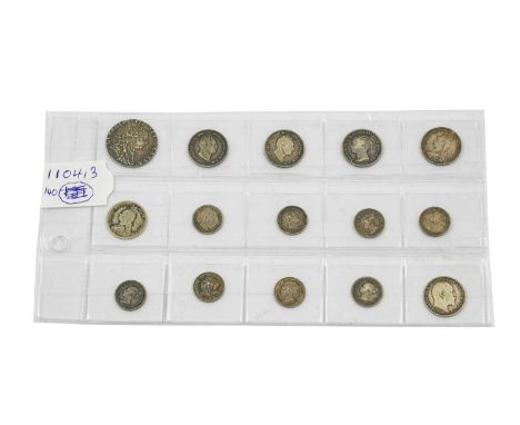 A Collection of 15 x UK Low Denomination Silver Coins comprising: George III sixpence 1787 without semée of hearts, a few fai