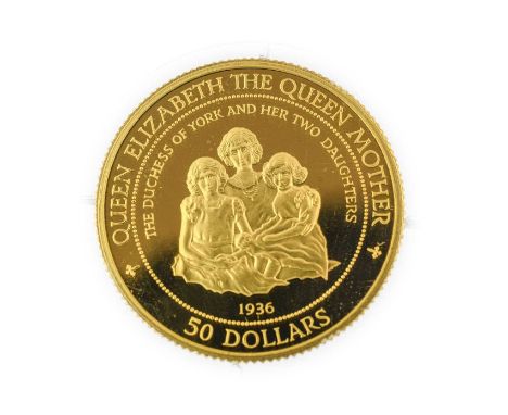Cook Islands, Gold Proof 50 Dollars 1995 'Queen Elizabeth the Queen Mother - Lady of the Century,' obv. Maklouf portrait of t