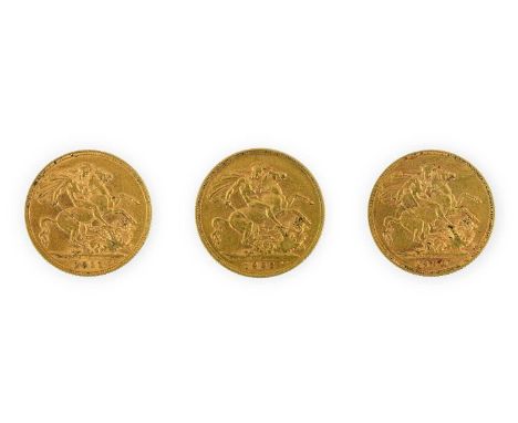 3 x Sovereigns, comprising: Victoria 1900 light hairlines/scratches o/wise Fine/AVF, Edward VII 1903 light hairlines o/wise F