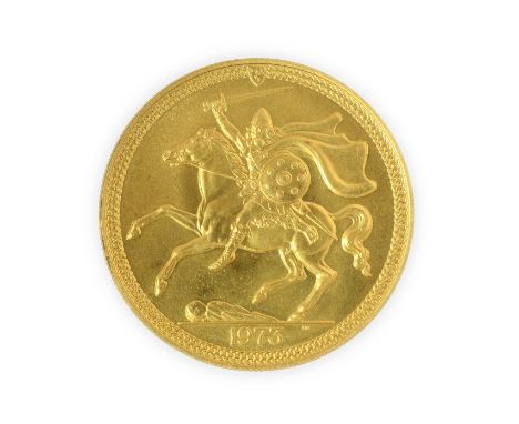 Isle of Man, Gold £5 1973, obv. Machin portrait of the Queen, rev. helmeted Norse warrior on horse holding shield &amp; brand