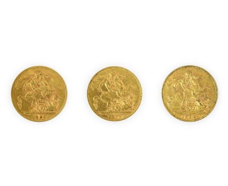 3 x Sovereigns, comprising: Victoria 1900 light hairlines/scratches o/wise GFine/AVF, Edward VII 1910 light hairlines o/wise 