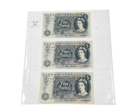 Bank of England, 3 x £5, Fforde, series ‘C’ Portrait issue, consecutively numbered 20B 017963 – 017965, all UNC