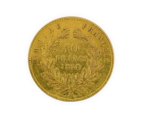 France, Gold 10 Francs 1859A, obv. 'NAPOLEON III EMPEREUR' around bust of Napoleon III, rev. 'EMPIRE FRANÇAIS' around denomin