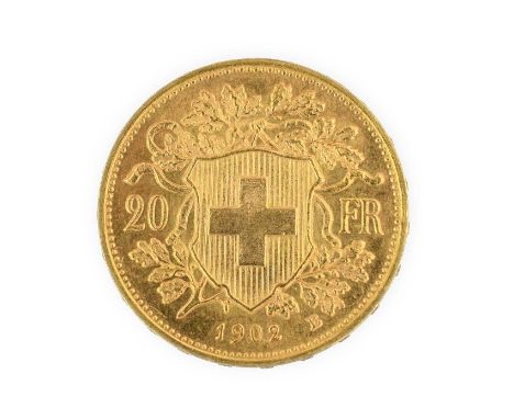 Switzerland, Gold 20 Francs 1902B (Bern Mint), obv. 'HELVETIA' &amp; portrait of young female (personification of Switzerland
