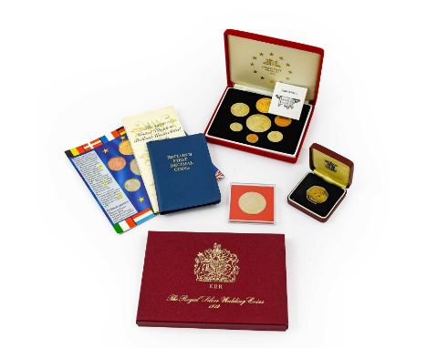 United Kingdom Piedfort Proof Ecu Set 1992, a 7-coin set of trial patterns, designed by Raphael Maklouf, for a proposed EU co