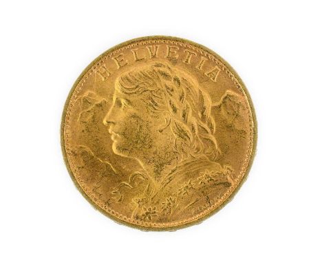 Switzerland, Gold 20 Francs 1935 L-B, obv. 'HELVETIA' above portrait of young female (personification of Helvetia), rev. wrea