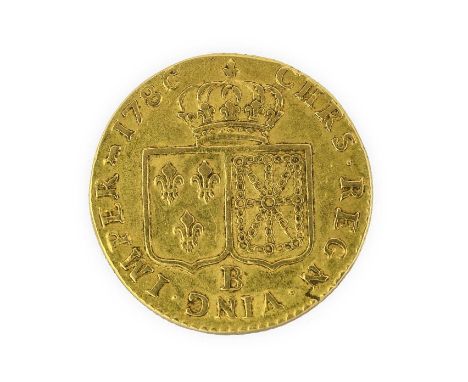 France, Gold Louis D'Or 1786B (Rouen Mint), obv. bust of Louis XVI, rev. crowned shields of France &amp; Navarre, mm lamb wit