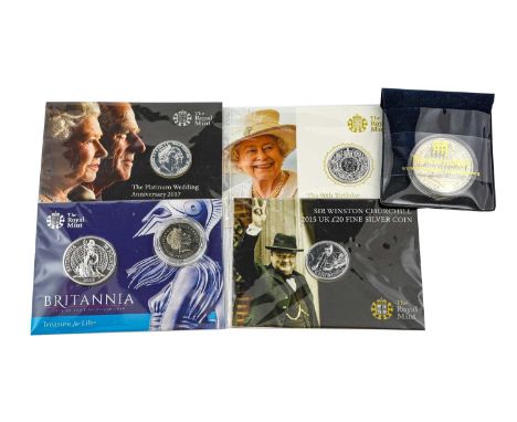 3 x UK Commemorative Silver £20 Coins comprising: (1) ‘50th Anniversary – Death of Sir Winston Churchill,’ 2015, obv. Rank-Br