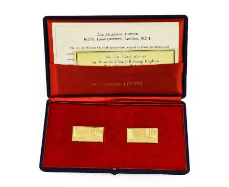 Two 18ct Gold Replicas of Two Stamps Commemorating Sir Winston Churchill, the original stamps were issued in 1965, one for 1 