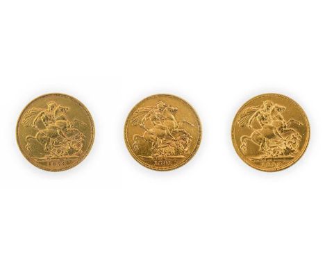 Victoria, 3 x Sovereigns comprising: 1879M (Melbourne Mint), Young Head, Pistrucci St George &amp; Dragon rev, numerous hairl