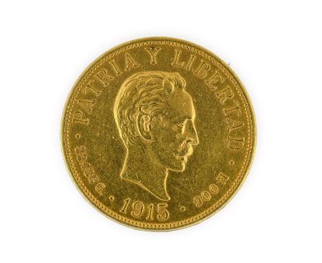 Cuba, Gold 20 Pesos 1915, obv. portrait of Jose Marti, rev. wreath around shield of arms, .900 gold, wt. 33.50g, minor contac