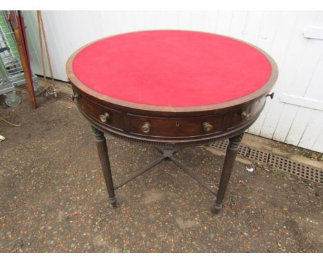 Revolving English Circa 1910 mahogany rent table with 4 blind drawers and 4 opening drawers, turned and fluted legs, x stretc