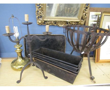 mixed metalware inc 4 H. Bragman military issued bread tins dated 1956, iron fire basket, iron candelabra and brass table lam