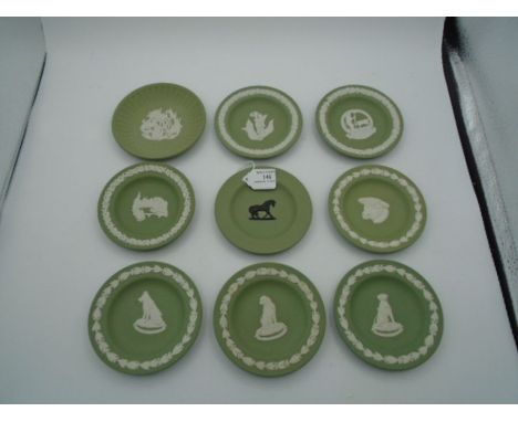 9 small mostly commemorative Wedgwood sage green jasperware plates/dishes to incl 160th anniversary of the Gardeners Royal Be