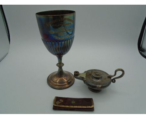 A plated 1901 Athletic sports cup won by M.G. Stocks marked 'S Vincent's Eastbourne' a plated serpent handled oil lamp engrav