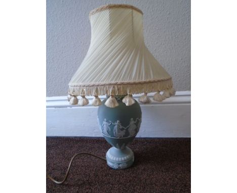 Wedgwood sage green jasperware table lamp in dancing hours design (with shade approx 48cm tall)