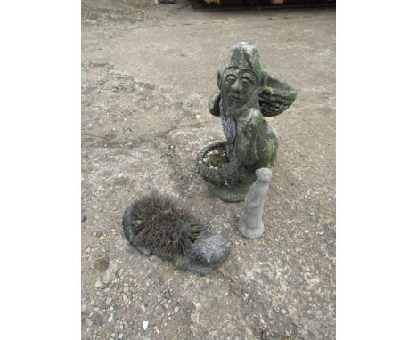 Concrete garden Gnome planter(H44cm approx), hedgehog boot scrapper and Meercat ornament 