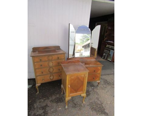 Mid century bedroom furniture including dressing table with mirror, chest of drawers and bedside cabinet 