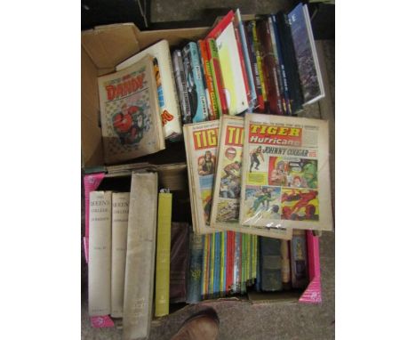 Vintage comics and books inc Beano, Dandy, Tiger (1957,68,69) and Queens college table books