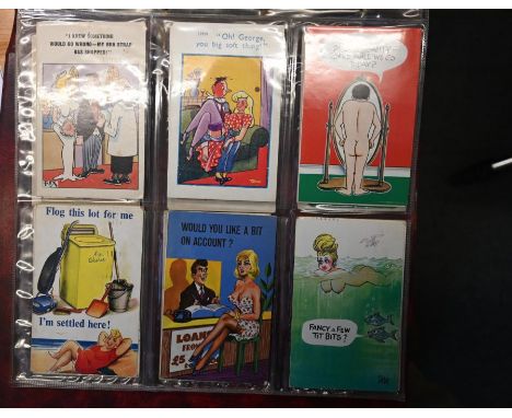 A postcard album that includes a collection of 1950's  Bamforth Comic Series saucy seaside postcards and other regional and E
