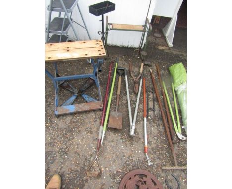 Garden tools, etc and a workmate