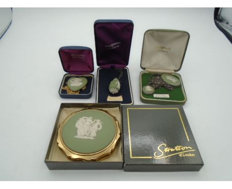 4 Wedgwood sage green Jasperware pendants and a Stratton Wedgwood powder compact incl Dancing Hours design