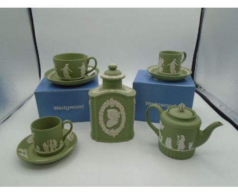 Collection of Wedgwood sage green jasperware to incl tea caddy 16cm tall, Domestic Employment miniature teapot (boxed), Danci