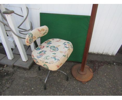 Arts and Crafts floor lamp, upholstered machinists chair and card table in need of repair 