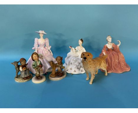 Three Hummel figures, two Coalport ladies, a Doulton figure and a Beswick dog
