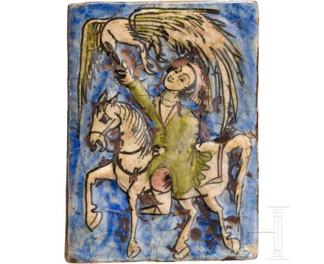   Figural verzierte Keramikfliese, Kadschar, Persien, 19. Jhdt.  Jagd mit Greifvogel und Pferd. Darstellung eines Reiters in 