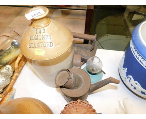 A small group of collectables, comprising an Edmunds of Stamford stoneware bottle, a miniature oil lamp, a flat iron, a Marri
