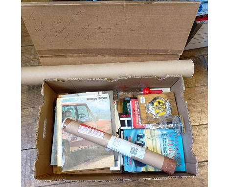 A late 1970s Range Rover brochure, two Morgan brochures, various books, posters, a Lucas battery filler, a pair of Bugatti sa