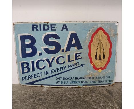 A Ride A BSA Bicycle, Perfect In Every Part, Only Bicycles Manufactured Throughout BSA Works Bear This Transfer enamel sign, 