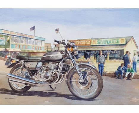 Roy Barrett, a Suzuki GT750 by the pier, watercolour, signed, 38 x 53 cm From the estate of the late Roy Barrett, motoring ar