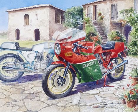 Roy Barrett, Lords of the Manor (Ducati's), watercolour, signed, 37 x 45 cm From the estate of the late Roy Barrett, motoring