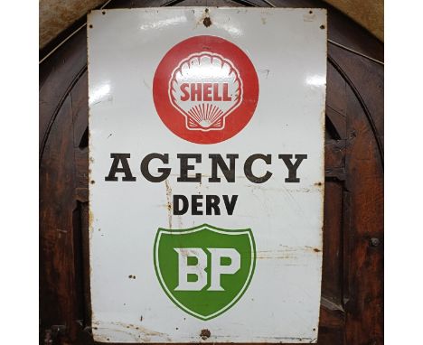 A Shell Agency DERV BP enamel sign, 99 x 69 cmSlight loss and rust 