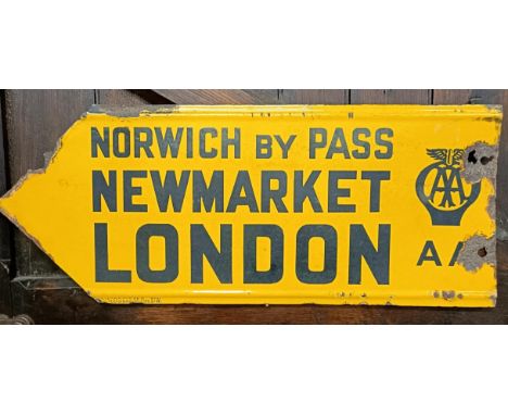 An AA Norwich By Pass Newmarket London enamel arrow sign, 31 x 76 cmSome loss and chips, the reverse is with yellow enamel, b