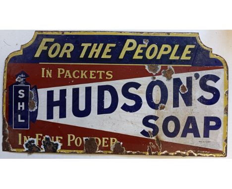 A Hudson's Soap enamel sign, of shaped rectangular form, 43.5 x 78.5 cmSome loss and chips, see images 