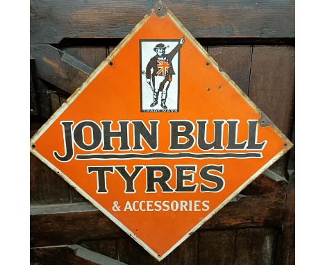 A John Bull Tyres & Accessories double sided enamel sign, 71 x 71cmSome loss and chips see illustrations 