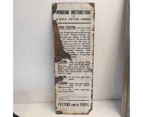 A Petter's 3 BHP Working Instructions enamel sign, 51 x 17.5 cmloss and damage, see images 