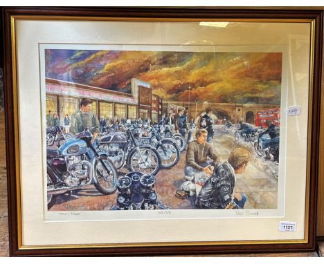 Three Roy Barrett signed motorcycle prints, Ace Cafe (Artist Proof), Alley Cats' (Artist Proof) and Everyone A Winner, 4/750 