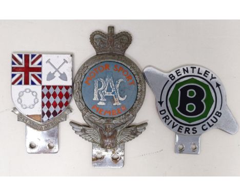 An International Rally Club (Monte Carlo) car badge, no 474, slight loss to the enamel, a Bentley Drivers Club car badge, and