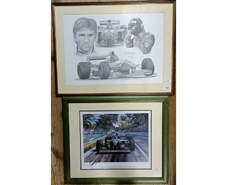 From a Damon Hill Fan: A Michael Turner coloured print, Championship Victor, signed by Damon Hill, and an Adrian Lascom signe