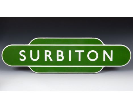A Surbiton railway station enamel totem sign, 26 x 92.5 cmGenerally good, but a couple of minor chips, see images 