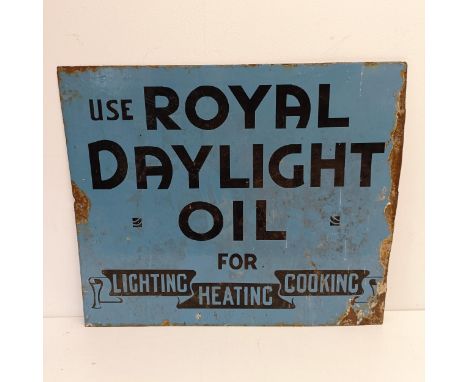 An Use Royal Daylight Oil for Lighting Heating Cooking enamel sign, 46 x 55 cmQuite a bit of damage, especially to the left h