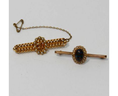 A Victorian gold bar brooch, centre set with seed pearl set buckle, unmarked, 4.3g gross, 4.1cm long, and a 9 carat gold bar 