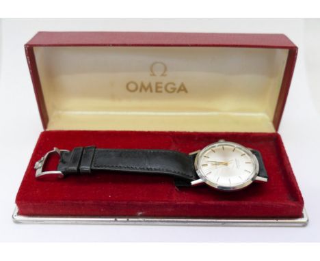 A gentleman's Omega Seamaster wrist watch, the face with baton numerals, housed in stainless steel case, with black leather O