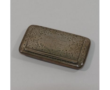 A Victorian silver snuff box, Birmingham 1872, maker's mark 'RT', with bright cut engraved decoration and inscription, 'Prese