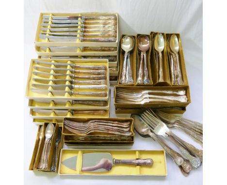 A large quantity of silver plated Kings pattern cutlery including a complete set of 12 large knives, small knives, large fork