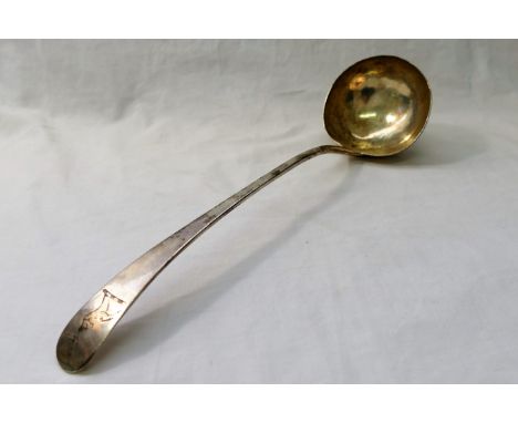 A George II old English pattern silver ladle, London 1728 by John Foster, the handle engraved with the crest of a rearing hor